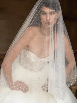 Voile de mariage à un niveau paillettes filet bordure perlée voiles de mariée classiques