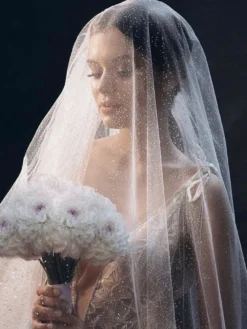 Voile de mariage à un niveau paillettes filet bordure perlée voiles de mariée classiques