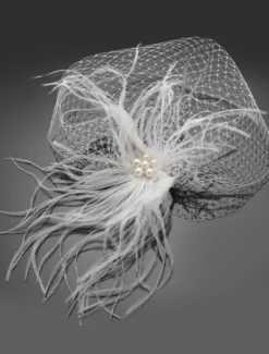 Voile à joues en voile de tulle avec plume et perles